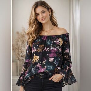 INC XS Black Floral Off Shoulder Ruffle Blouse
